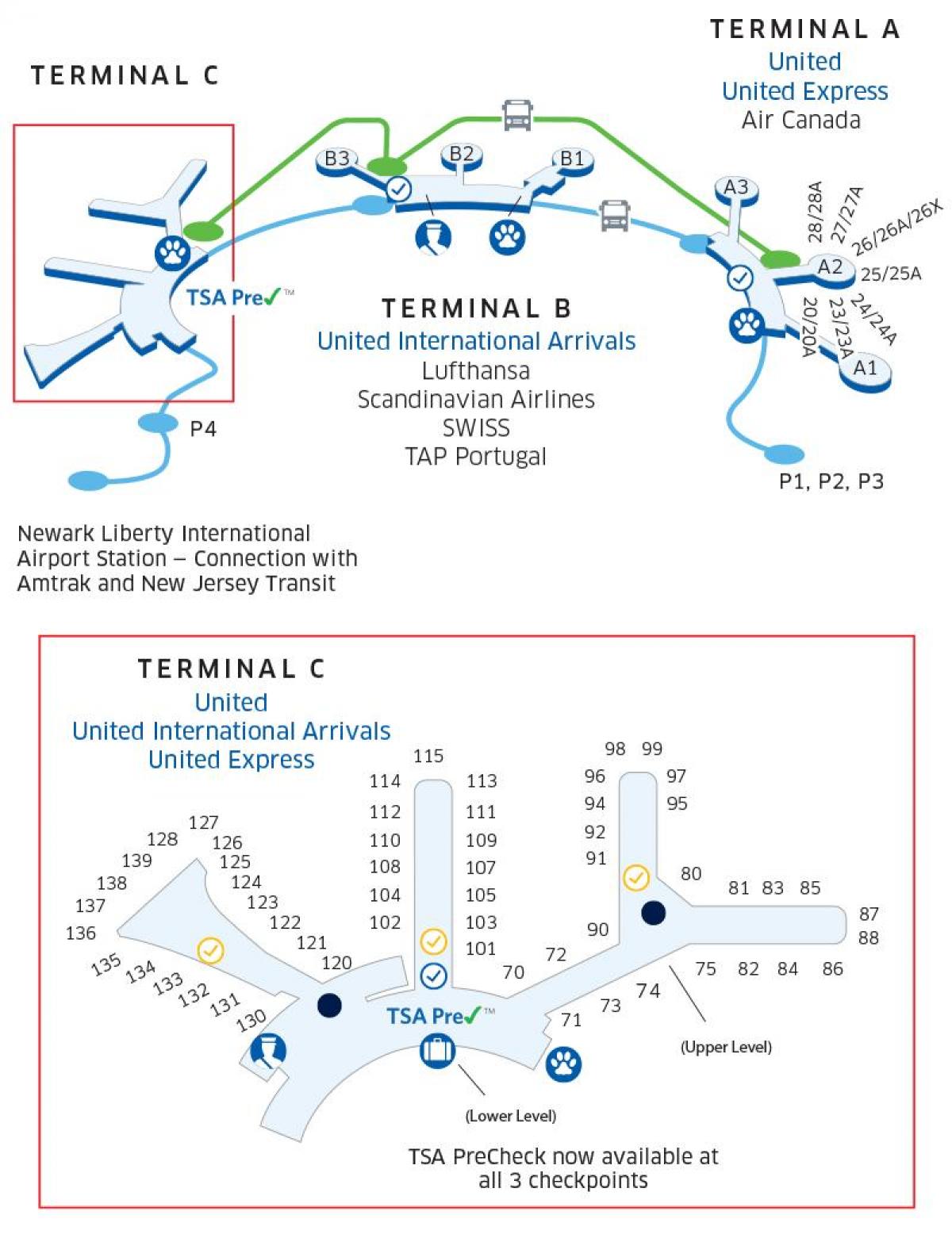 Newark airport terminal map Newark airport map united (New York USA)